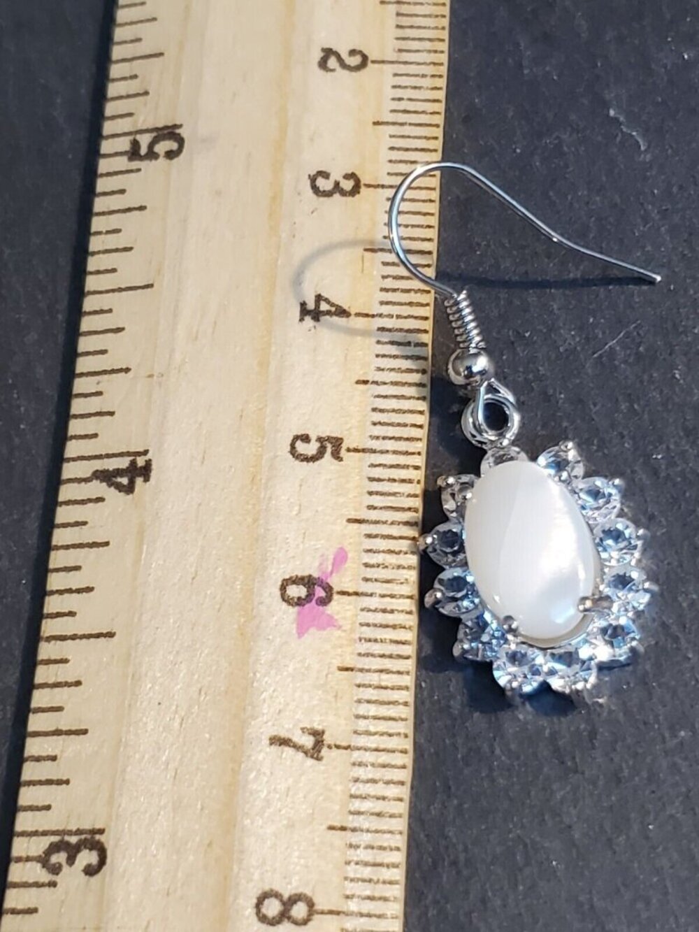 Elegant Mother Pearl Shell Oval Cab Lab Diamonds Silver Platinum Plated Earrings - Picture 5 of 7